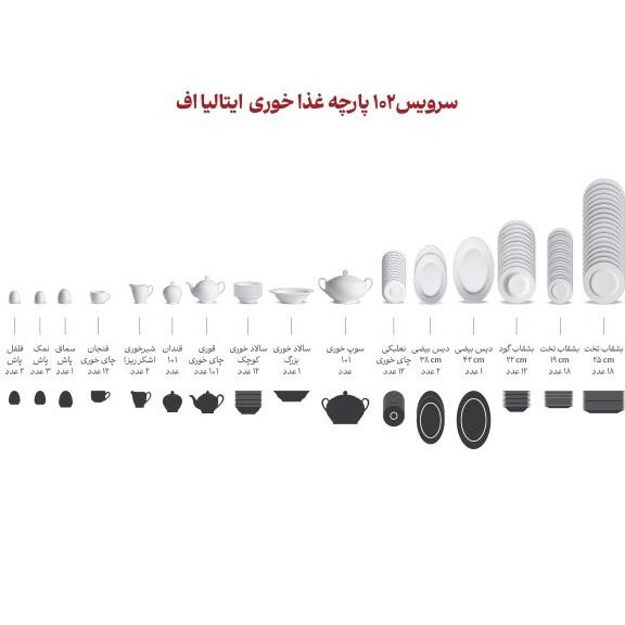 سرویس غذاخوری چینی زرین 102 پارچه ایتالیا اف مدل مهرانا پلاتینی