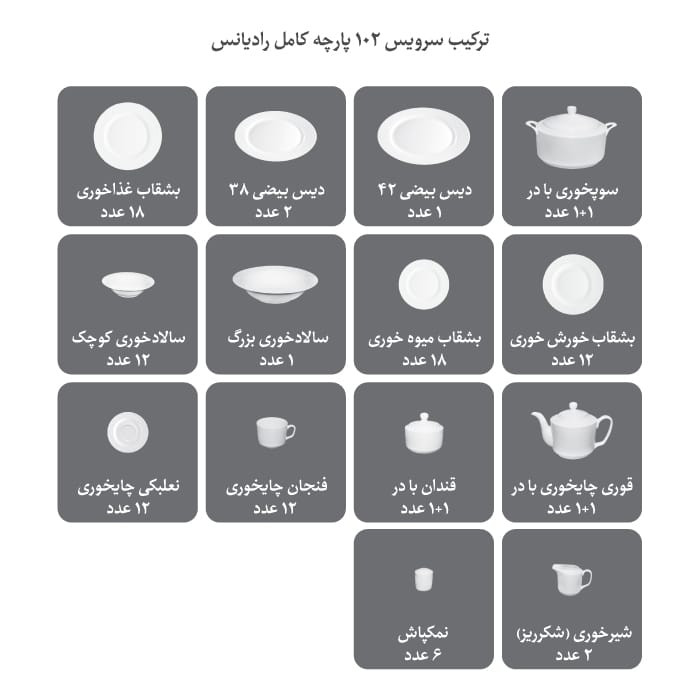 سرویس غذاخوری چینی زرین 102 پارچه رادیانس مدل زرین